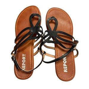 Report Women’s Black Strappy Women’s Sandals with Tan Footbed
